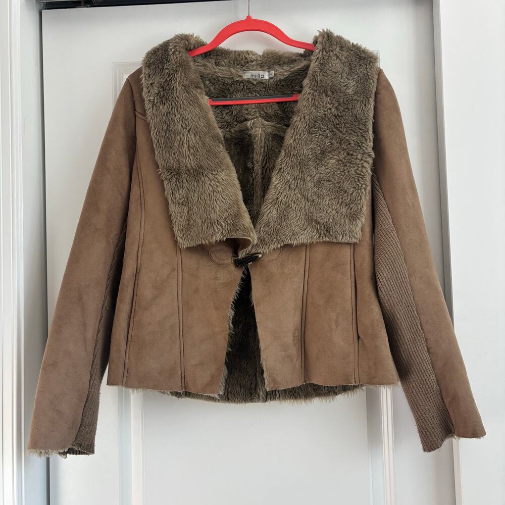 VTG Miilla Faux Suede Faux Fur Brown‎ Jacket Sz L Retro